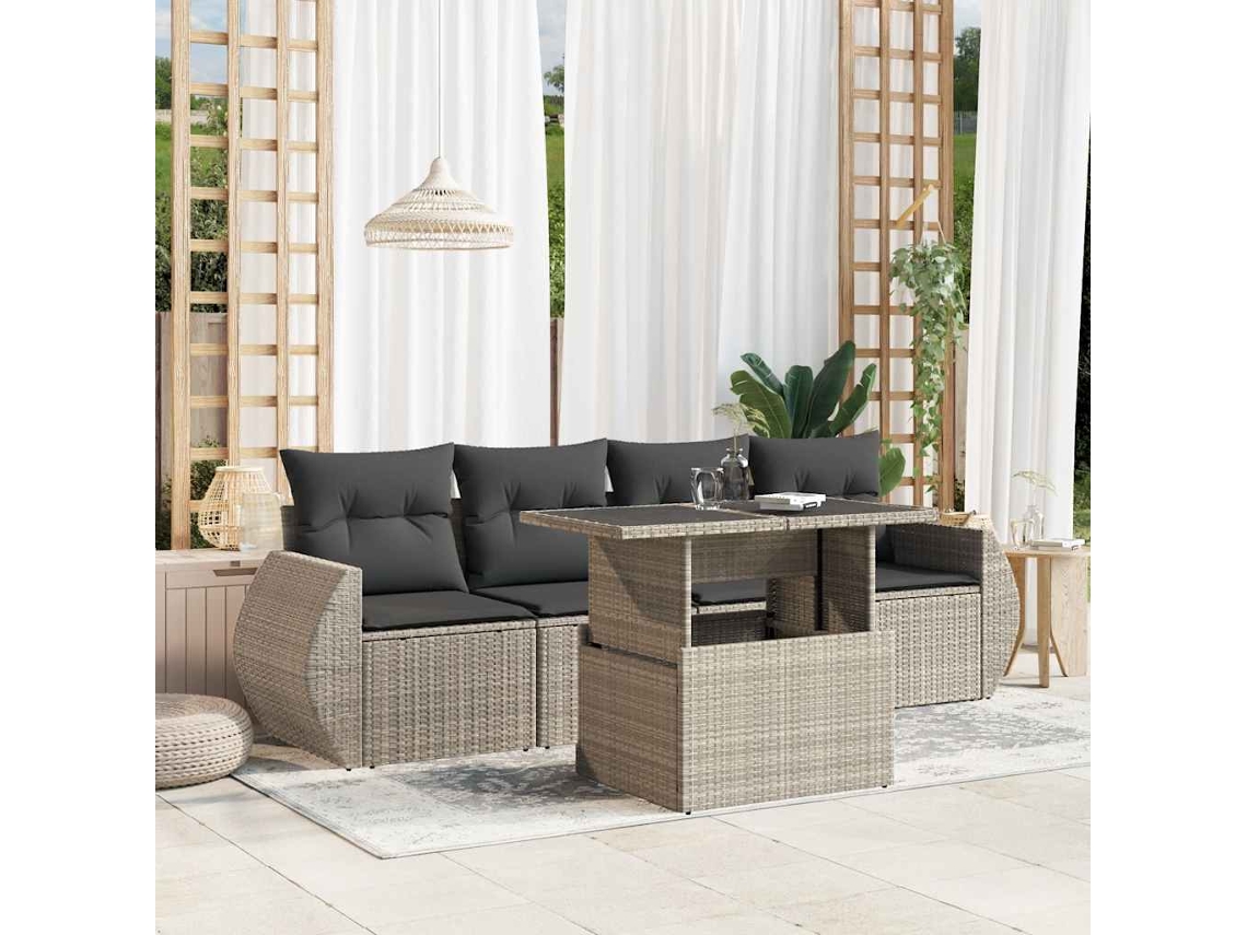Vidaxl 5 Pcs Conj. Sofás Jardim C/ Almofadões Vime Pe Cinzento-claro