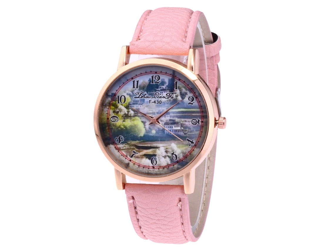 Relógio feminino de quartzo com pulseira de couro PU e mostrador redondo (rosa)