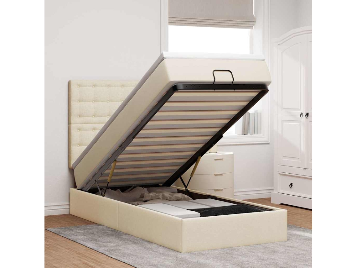 Cama Otomana Com Colchão Leds 90x200 Cm Tecido Creme
