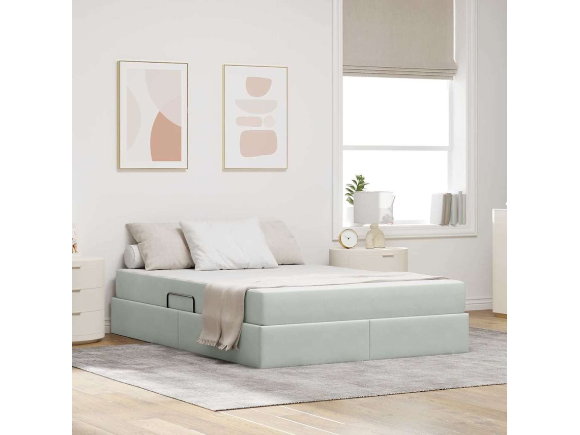 Vidaxl Cama Com Arrumação E Colchão Cinzento-claro 140 X 200 Cm Veludo