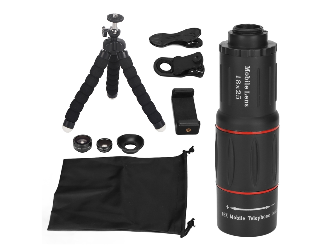 Kit de Lentes de Câmera 4 em 1 para Smartphone com Lente Teleobjetiva 18x Fisheye Macro Wide Angle