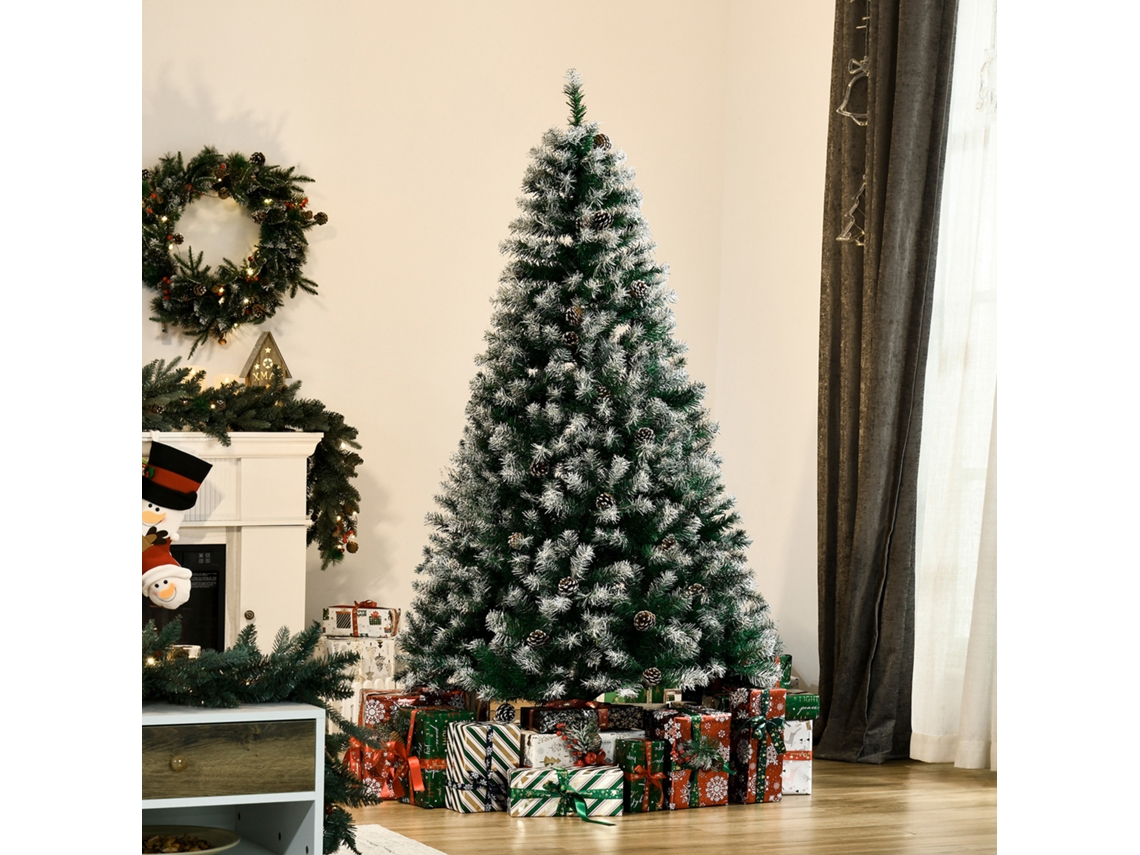 Árvore De Natal Artificial 180cm Com 800 Ramos E 61 Pinhas Folhas Pvc Efeito Neve Base Dobrável Verde