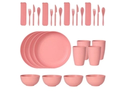 Conjunto De Talheres De Plástico Rosa Com 24 Peças, Incluindo Pratos, Copos, Colheres E Facas.