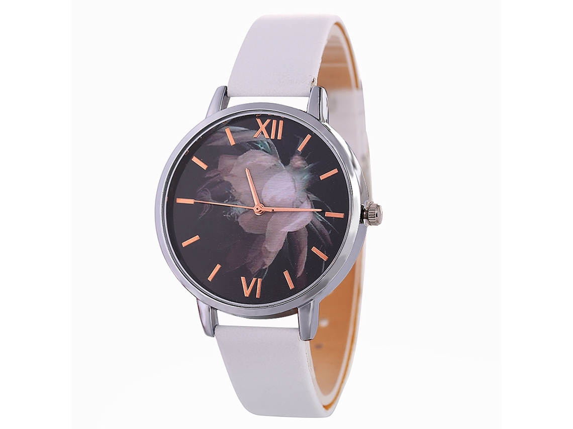 Relógio de Pulso Feminino com Esfera Preta e Pulseira de Couro Branco Fashion Quartz