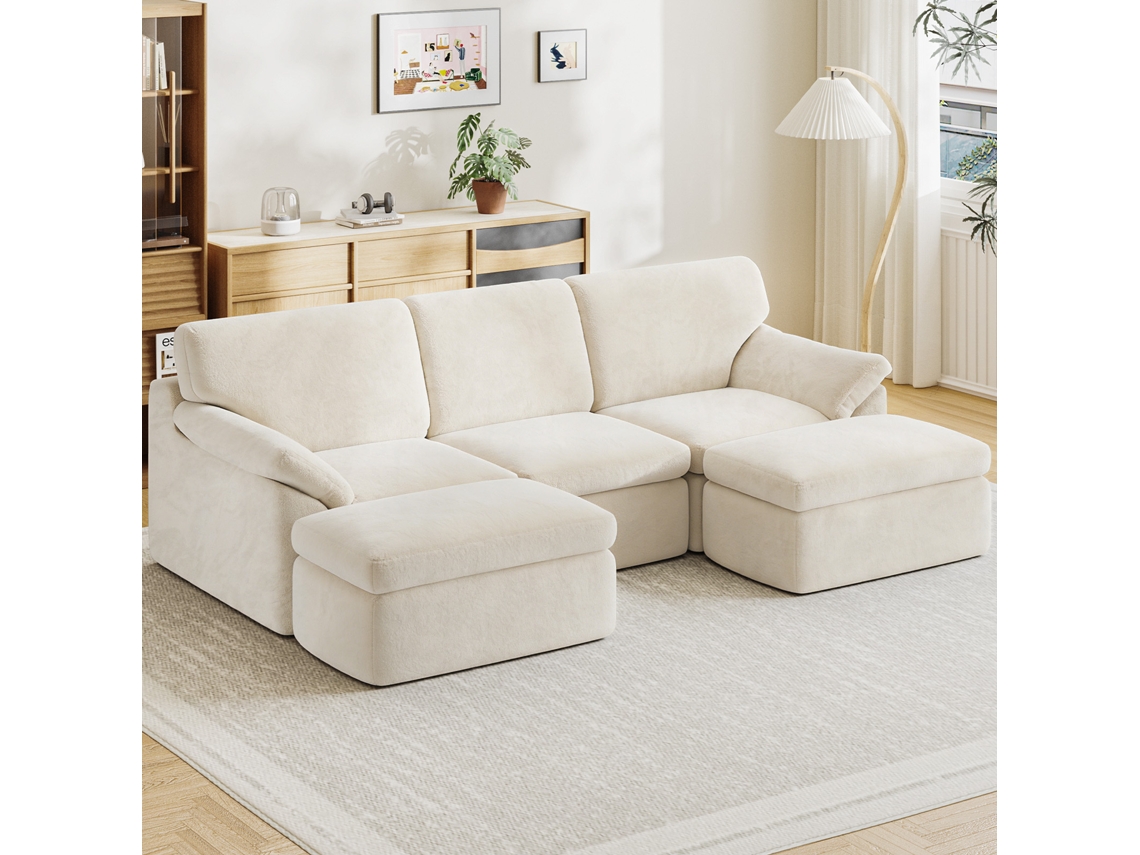 Sofá Modular De 3 Lugares Em Veludo Cotelê Botifly Sofá Modular Comprimido De 240 Cm Com 2 Pufes, Não Requer Montagem Para Sala, Bege
