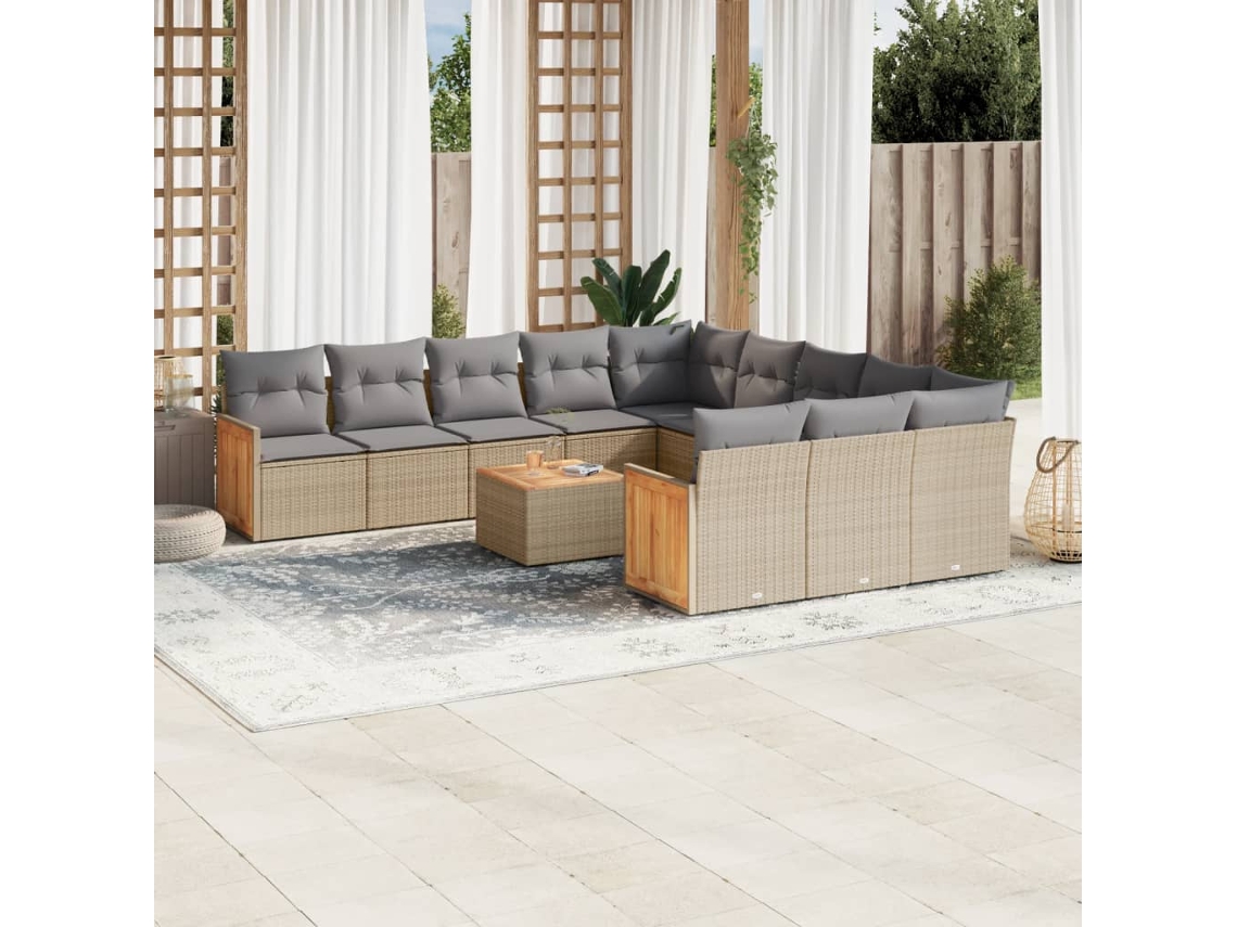 Vidaxl 13 Pcs Conjunto De Sofás P/ Jardim Com Almofadões Vime Pe Bege