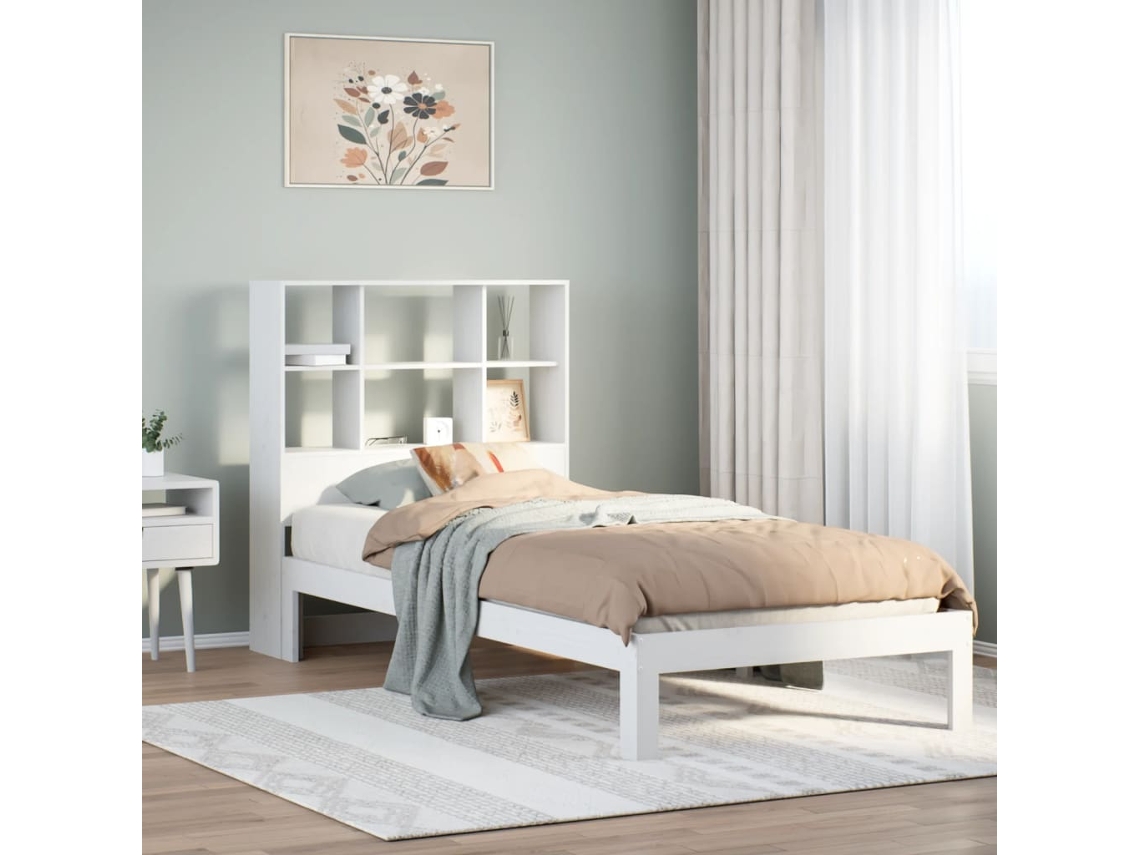 Cama Com Estante Sem Colchão 90x200 Cm Pinho Maciço Branco