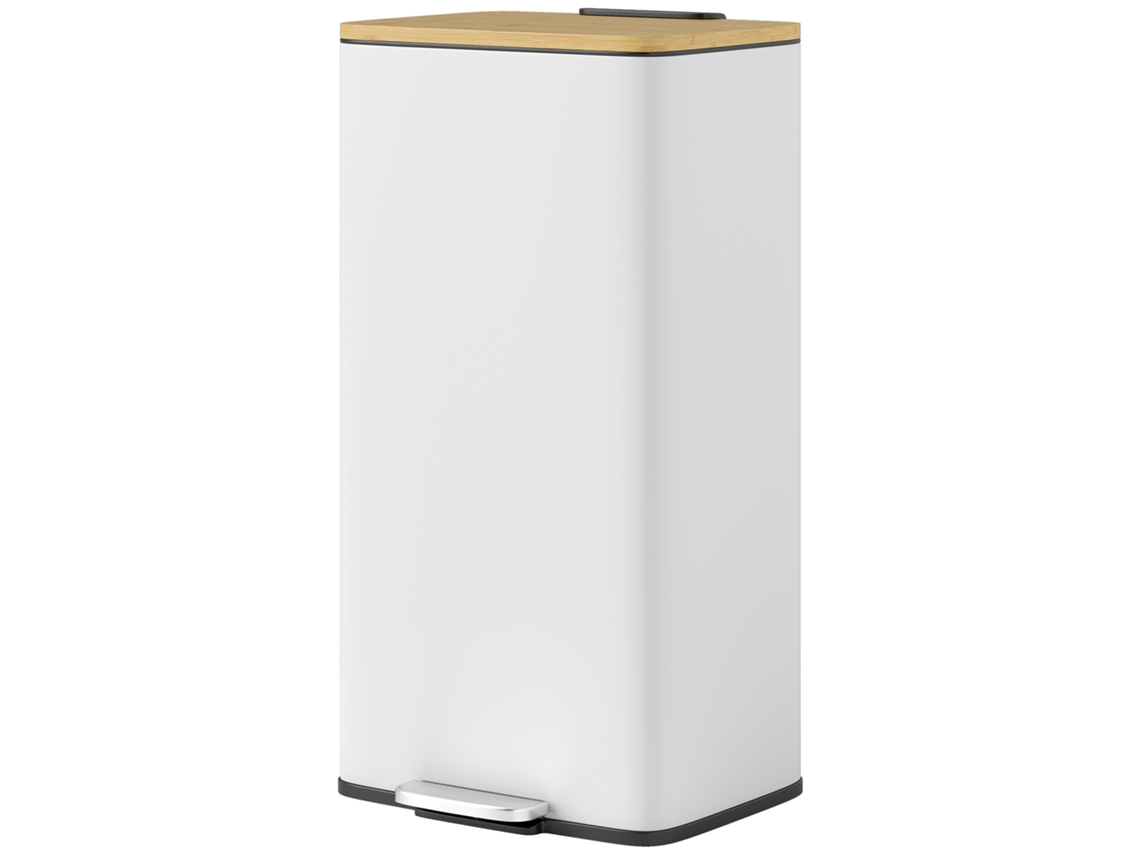 Balde De Lixo De Cozinha Com Pedal 20l Tampa De Bambu Com Fecho Suave 29,5x29,5x56,8 Cm Branco E Madeira