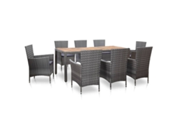 Vidaxl 9 Pcs Conjunto Jantar Exterior C/ Almofadões Vime Pe Cinzento