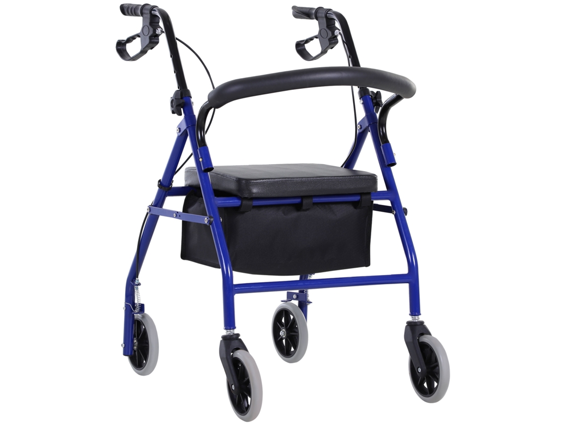 Andador de 4 Rodas Andador Dobrável e Leve Assento e Encosto Acolchoados Alças Ergonômicas, Freios de Mão Cesto de Armazenamento Metal Azul