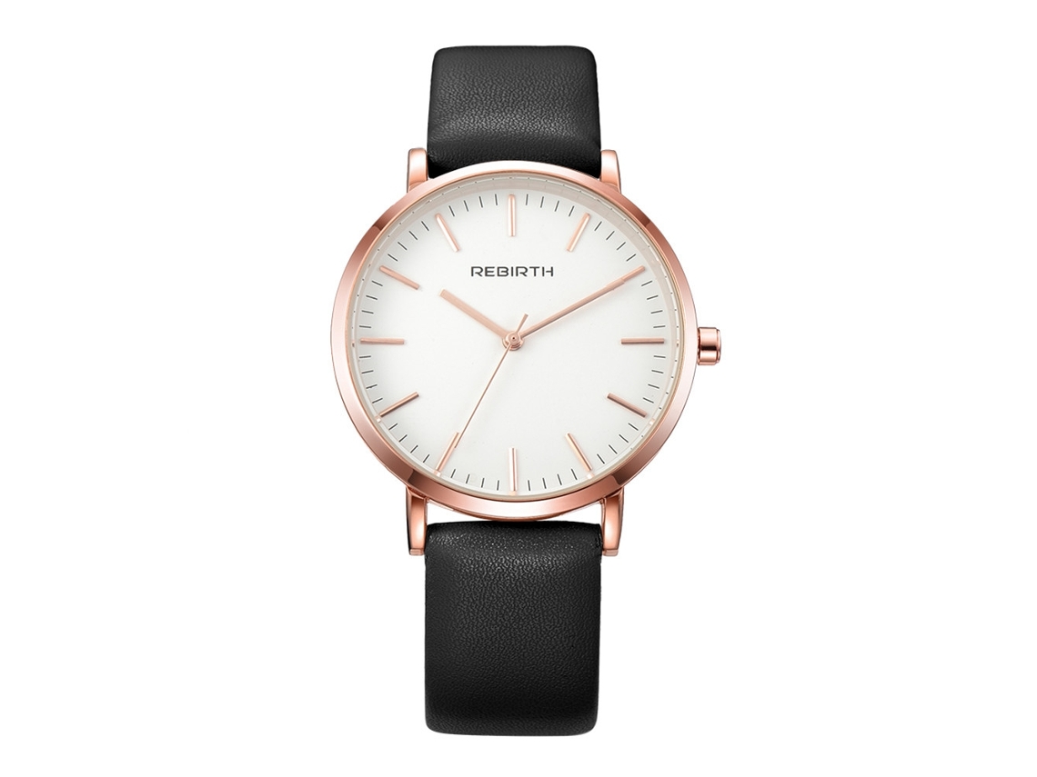 Relógio de Pulso Feminino Rebirth de Quartzo com Dial Grande Redondo e Caixa Dourada