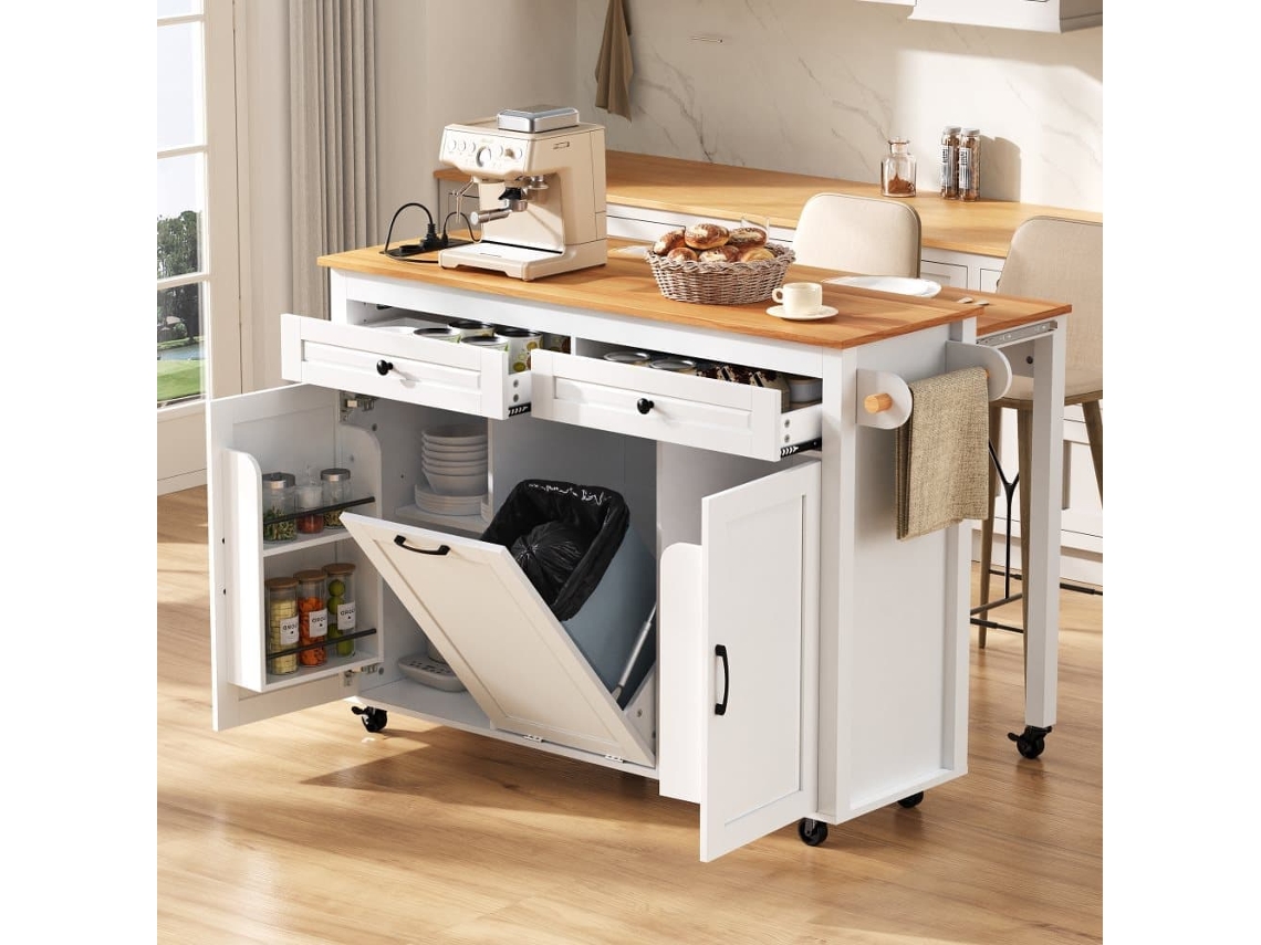 Ilha De Cozinha Móvel - Mesa Extensível, Tomadas E Compartimento Para Lixo - Branco