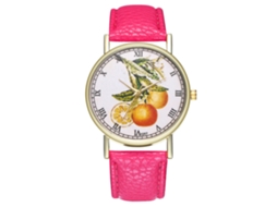 Relógio unissex casual com estampa de frutas, quartzo, pulseira de couro, vermelho e rosa.