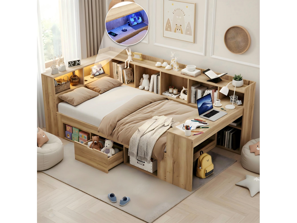 Cama 90x200 Com Led, Usb, Escrivaninha, Gavetas E Prateleiras Natural