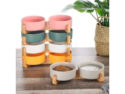 Tigela de Cerâmica para Cães e Gatos com Suporte de Madeira, Comedouro Anti derramamento para Gatos e Cães de Pequeno Porte AQUAFORGE
