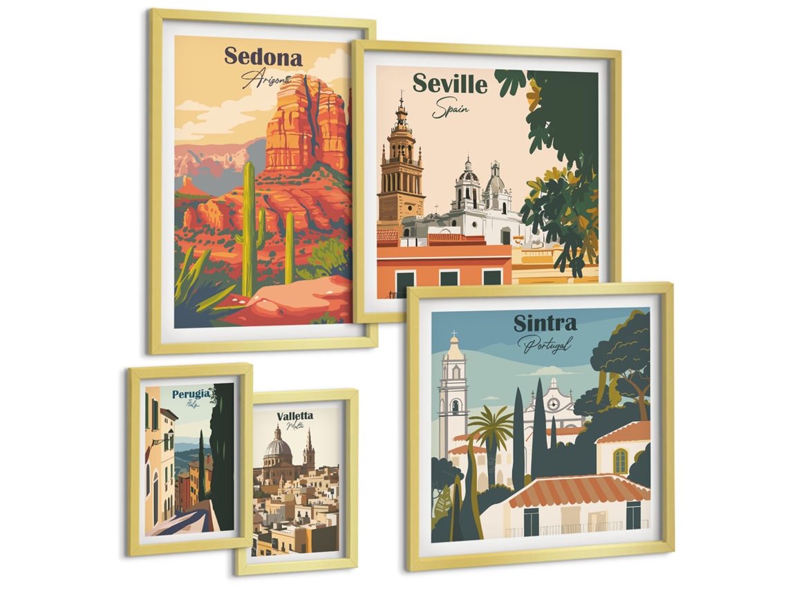 Composição De Quadros Desenhos Simples De Paisagens Urbanas Moldura Dourada Imagens Para Um Quarto Infantil Espelharte (conjunto De 5 Imagens)