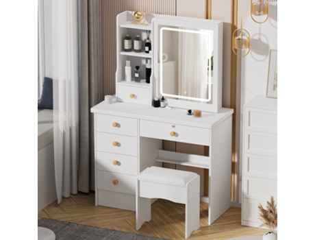 Tocadores Para Quarto Led - Biplut - 6 Gavetas - Banco Acolchoado - Três Modos De Iluminação - Estilo Moderno - Branco - 80 X 132 X 36 Cm