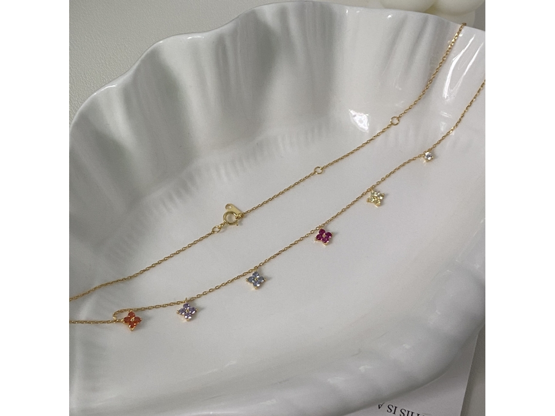 Colar em Prata de Lei S925 com Zircônias Coloridas Que Potencializam a Dopamina, Estilo Gargantilha com Trevo de Quatro Folhas. MDUG (ouro)