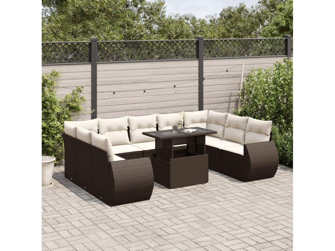 Vidaxl 10 Pcs Conj. Sofás Jardim Com Almofadões Vime Pe Castanho