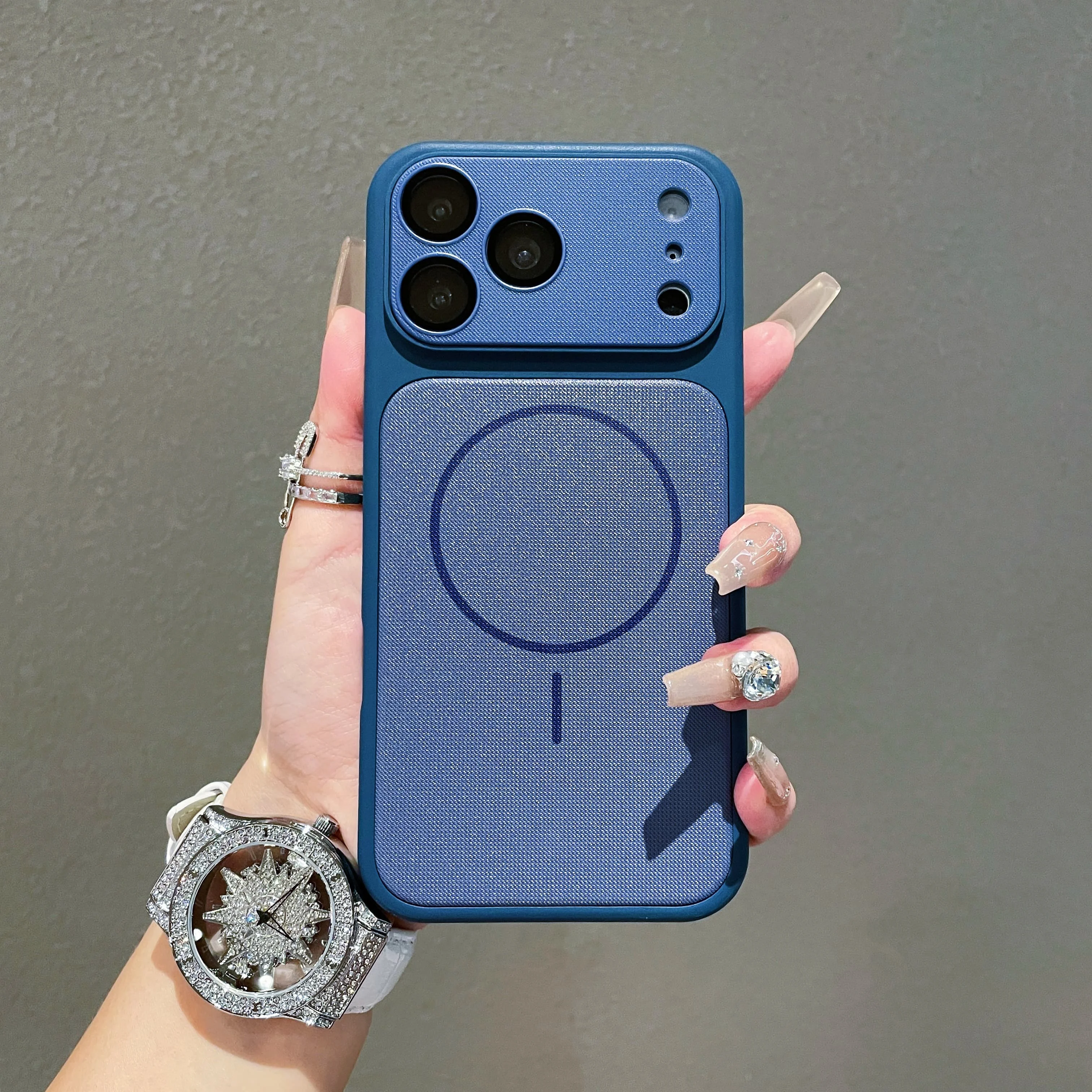 Capa Magnética Para Iphone 14 Plus (azul) Com Textura De Couro E Proteção Contra Impactos Magsafe.