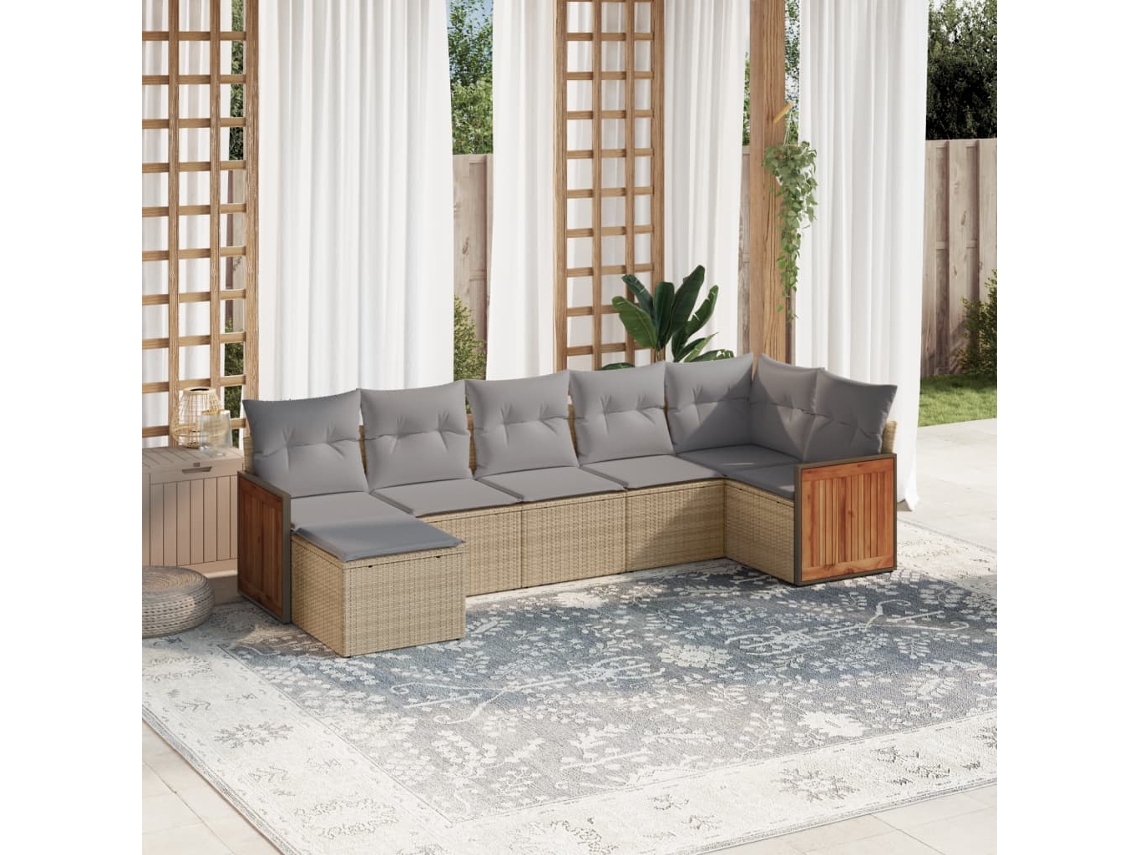 Vidaxl 7 Pcs Conjunto De Sofás P/ Jardim Com Almofadões Vime Pe Bege