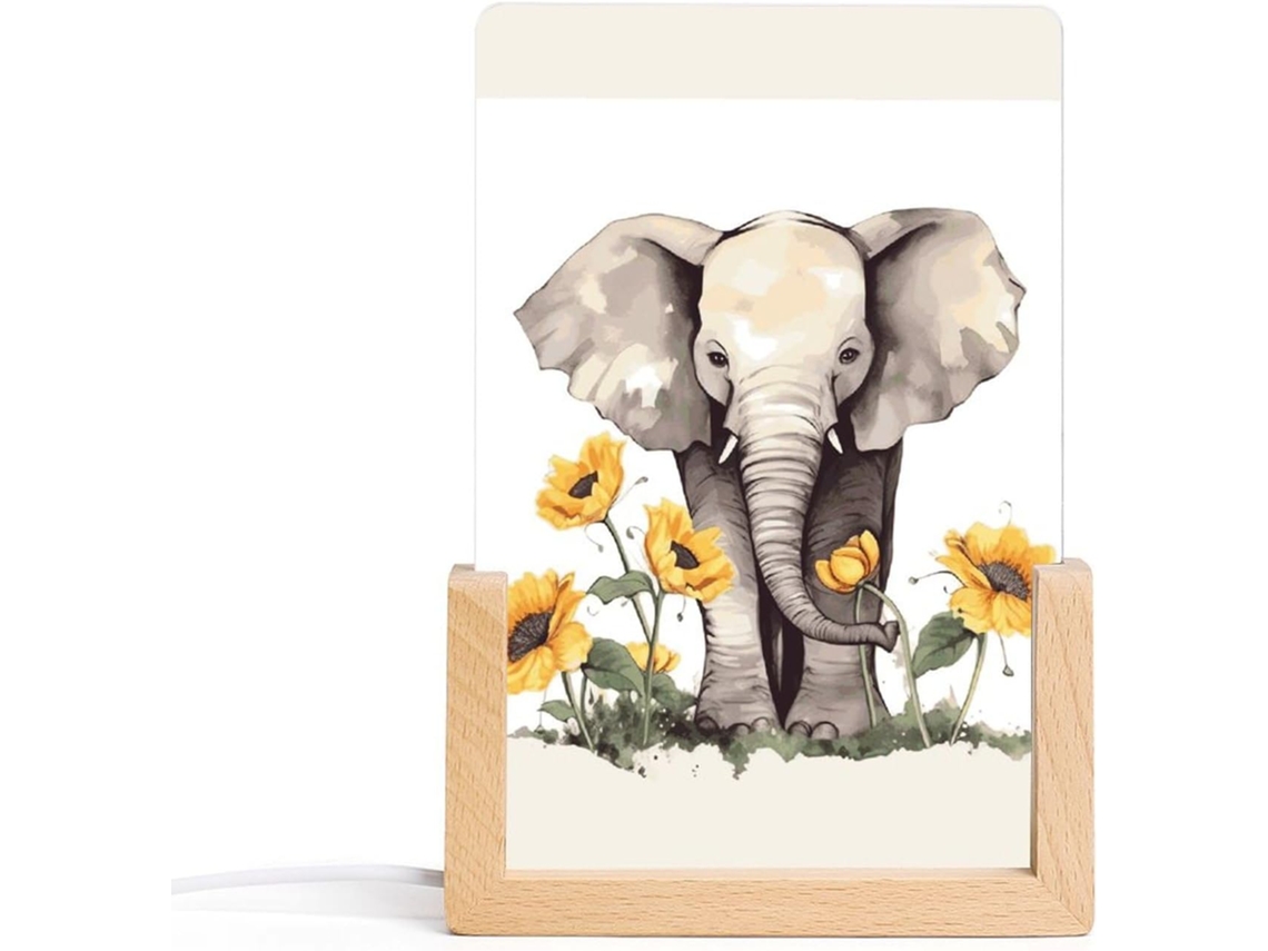 Luminária Noturna Em Acrílico Com Design De Elefante E Girassol, Base De Madeira Com Led, Luminária Moderna
