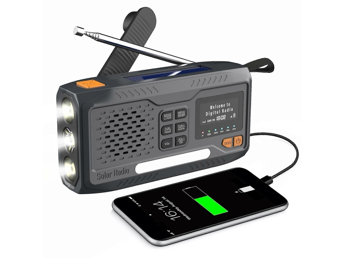 Rádio de Emergência para Uso Externo, DAB, Bateria Externa, Energia Solar e Manivela | AQUAFORGE