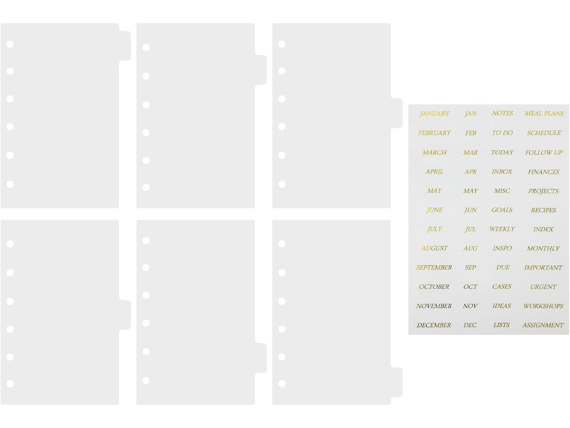 Divisórias para caderno Pretyzoom, tamanho A7, com 6 painéis, transparentes, em PP resistente e com abas removíveis.