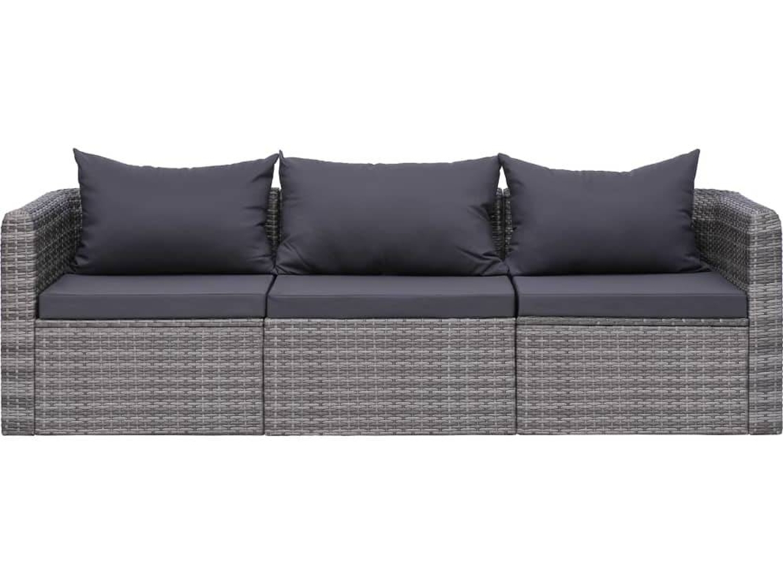 vidaXL 3 pcs conjunto sofás de jardim c/ almofadões vime PE cinzento