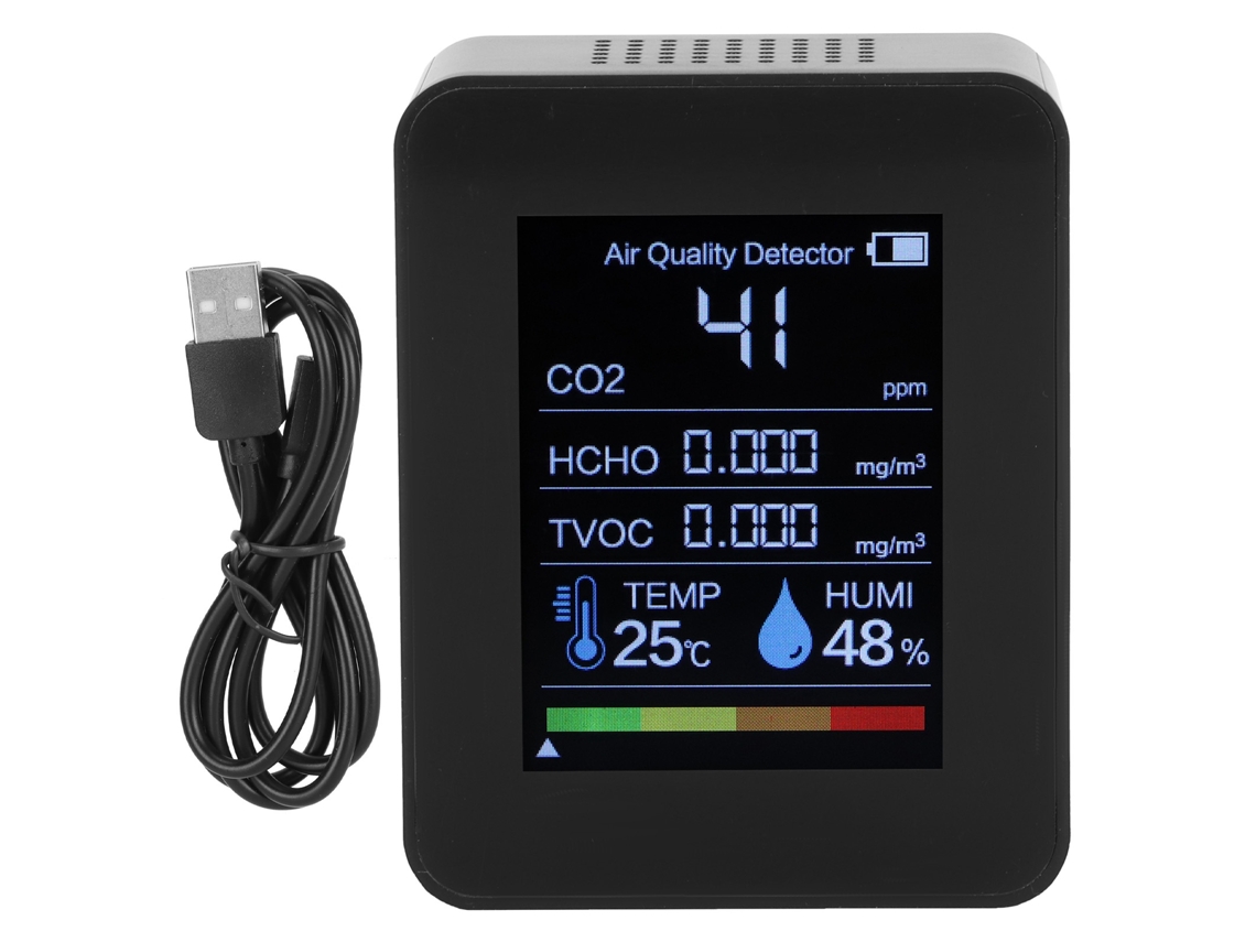 Lurelia Medidor De Qualidade Do Ar Hcho/tvoc/co2, Temperatura/humidade, Com Visor Digital, Bateria 1500 Mah Usb, Preto
