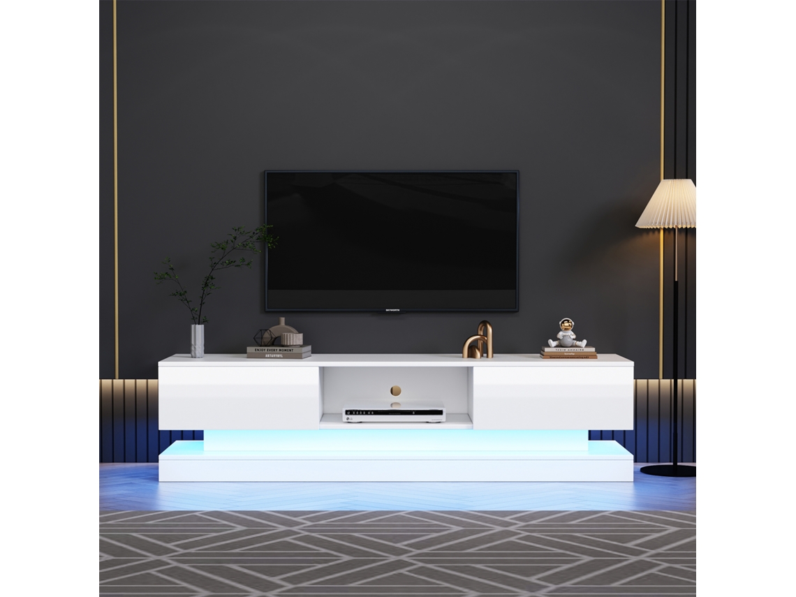 Tv Rack 160x35x40,5cm, Branco Brilhante, Led, 2 Gavetas, Controle Por App, Antiderrubante, Para Tvs De 60 Polegadas.