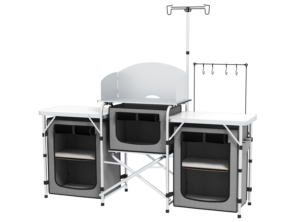 Armário De Cozinha Para Camping Dobrável Com 3 Bancadas, 4 Ganchos, Poste De Luz E Bolsa De Transporte, 172x48x130 Cm, Cinzento