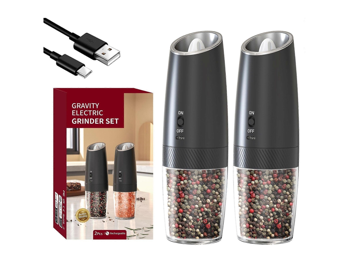 Conjunto De Moedor De Sal E Pimenta Elétrico Por Gravidade, Moedor De Pimenta Recarregável Por Usb, Com Grossura Ajustável, Preto Aquaforge