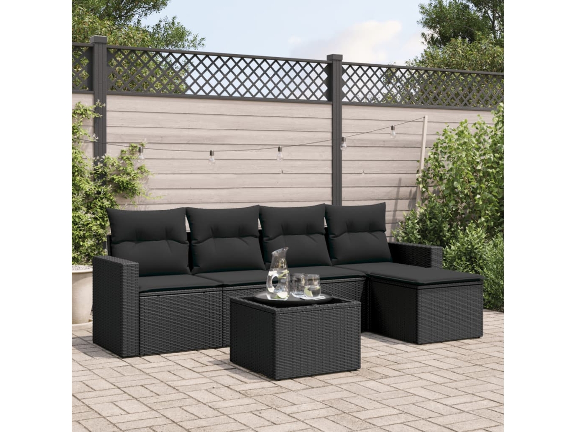 Vidaxl 6 Pcs Conjunto Sofás De Jardim C/ Almofadões Vime Pe Preto