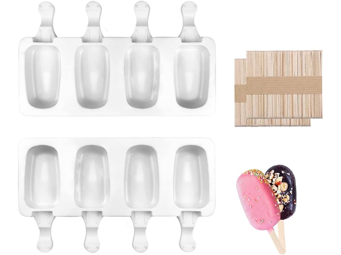 Formas De Silicone Para Sorvete, Pacote Com 2 Unidades E 50 Palitos Cada, Forma Para Sorvete Com 4 Cavidades