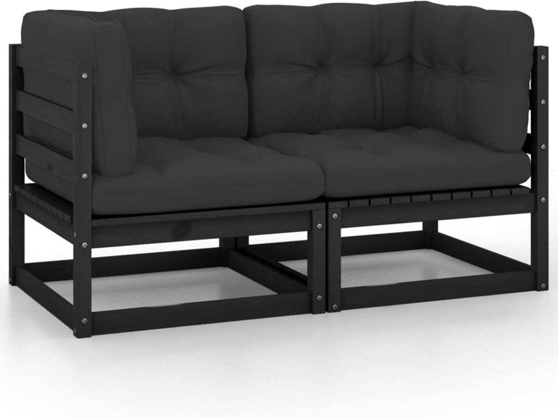 vidaXL Sofá de jardim 2 lugares com almofadões pinho maciço preto