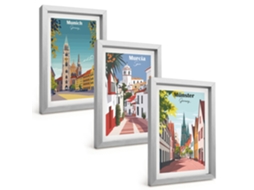 Conjunto De Pinturasdesenhos Coloridos De Cidades Europeias Moldura Prateada Quadros Para A Sala De Estar Espelharte (3 Peças 20x30 Cm)