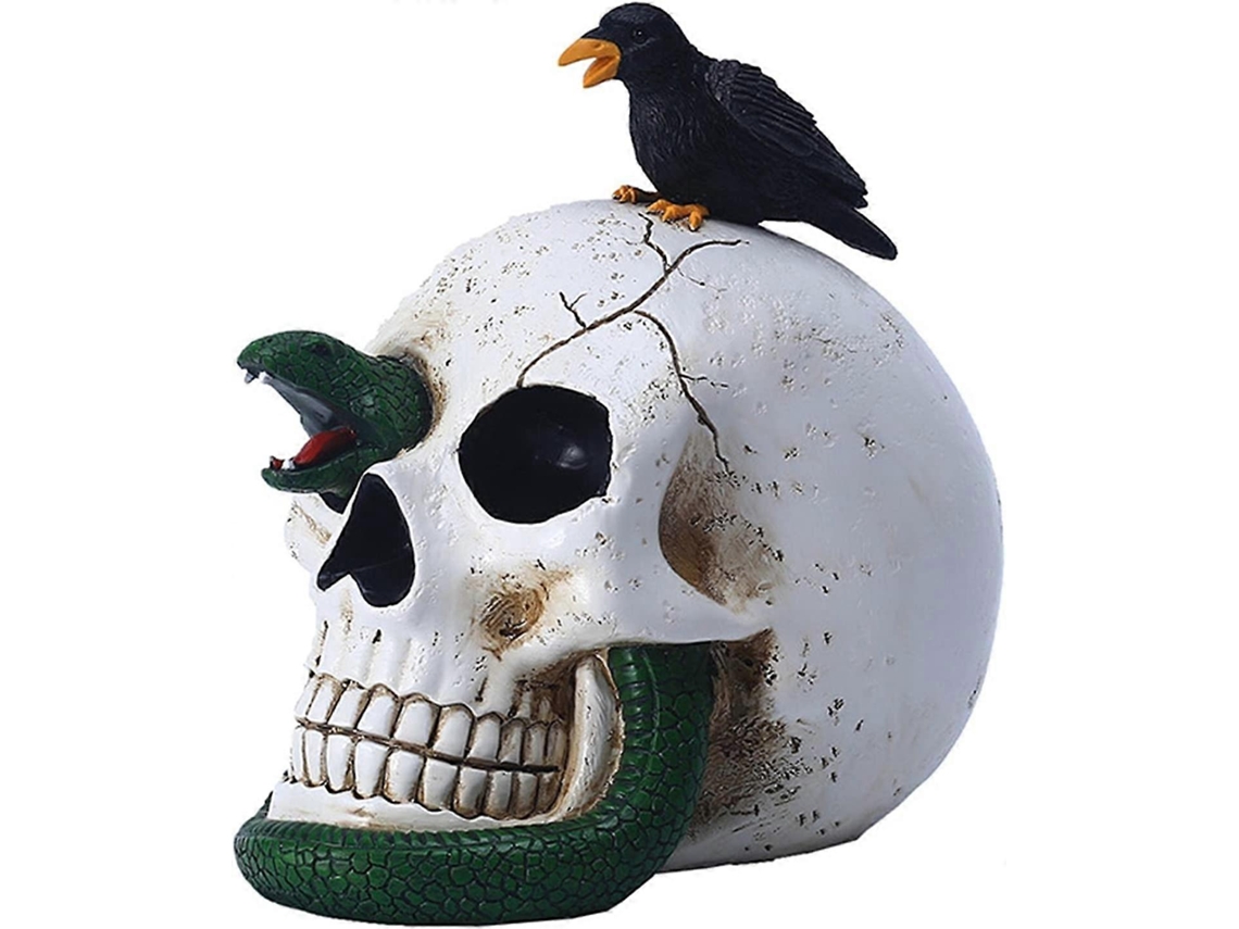 Omni decoración de Halloween, Calavera de Resina Pintada À Mão com Serpente e Corvo, Escultura de Esqueleto para Adorno