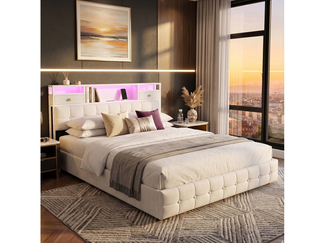 Cama de Casal em Veludo Bege com Elevador Hidráulico, Cabeceira com 2 Gavetas, Prateleiras e Led Rgb, 160x200 Cm LAZYSPACE