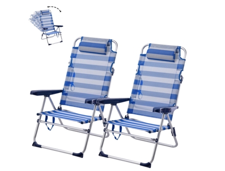 Pacote de 2 Cadeira de Praia Dobrável e Reclinável com Almofada de 5 Posições 57X31X62/101Cm Listra Azul SELEOK