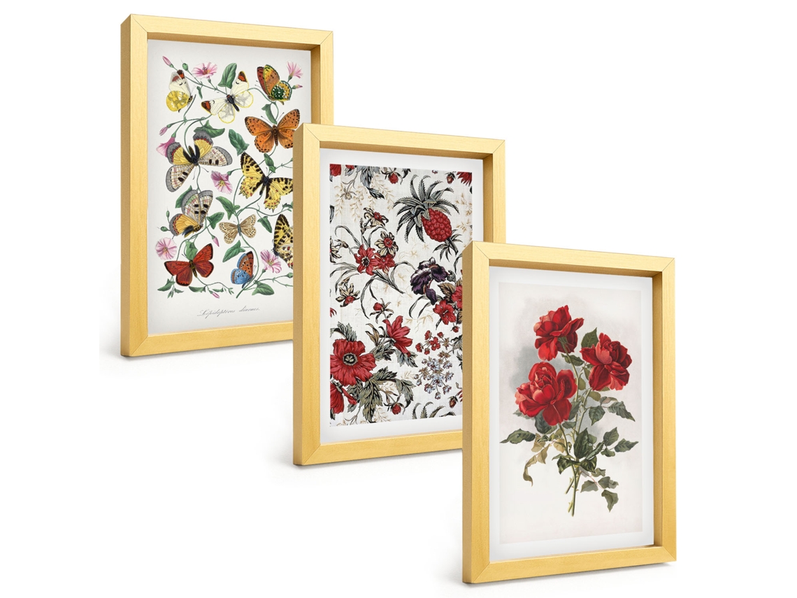 Conjunto De Pinturasborboletas, Flores, Rosas Vermelhas Moldura Dourada Quadros Para A Sala De Estar Espelharte (3 Peças 20x30 Cm)