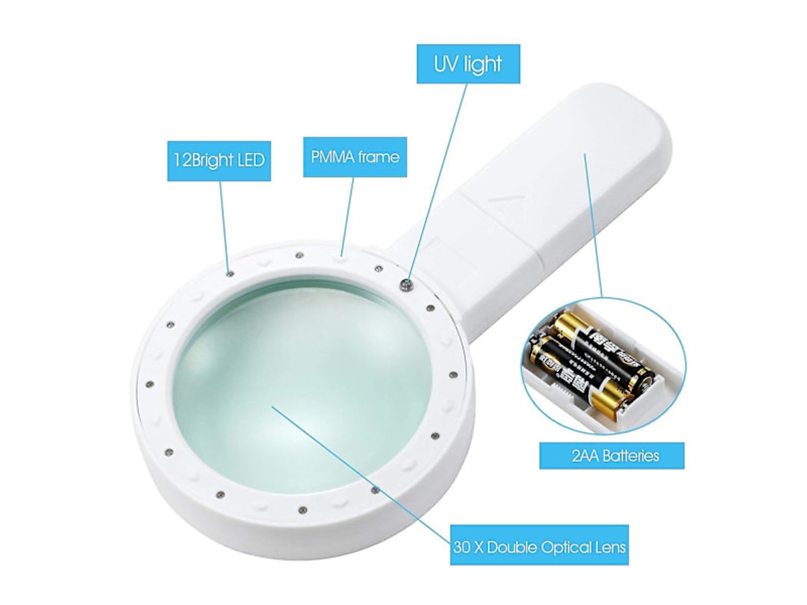 Lupa de Mão Potente com Aumento 30x e 12 Luzes Led, a Melhor Lupa Iluminada de Tamanho Jumbo BRILVIBERA