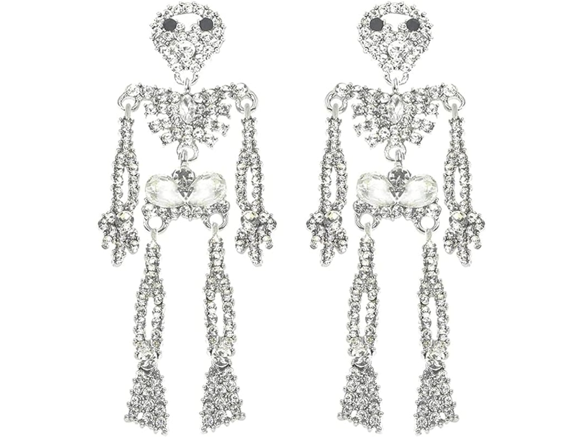 Brincos Longos Caveira Gothico Ouro Brilhante Cristal Acessorio Halloween Mulher