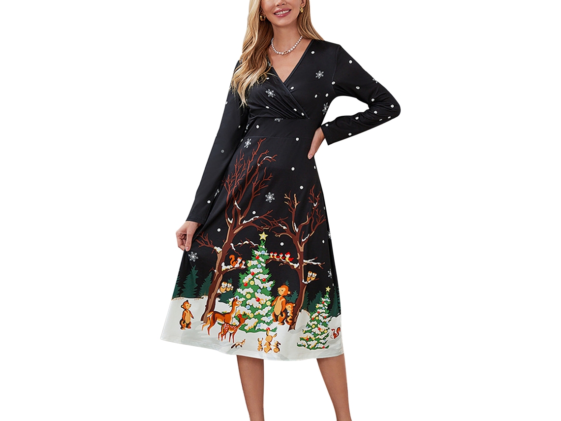 Vestido De Natal Laxiscreed Para Mulher, Decote V, Manga Comprida, Corte Slim, Tamanho Xl Em Preto