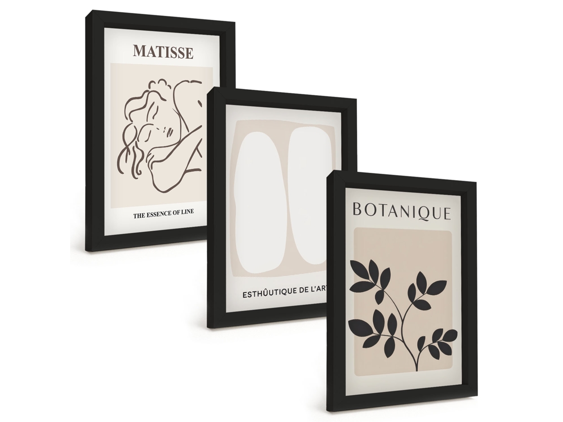 Composição De Quadrospinturas Elegantes De Plantas Ao Estilo Matisse Moldura Preta Quadros Para A Sala De Estar Espelharte (3 Peças 20x30 Cm)