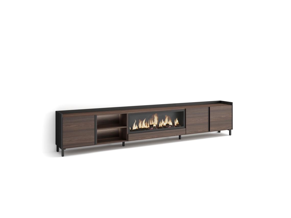Móvel De Tv, 315x35x61cm, Para Televisores Até 80", Lareira Eléctrica Xxl, Design Industrial, Led, Carvalho Escuro E Preto