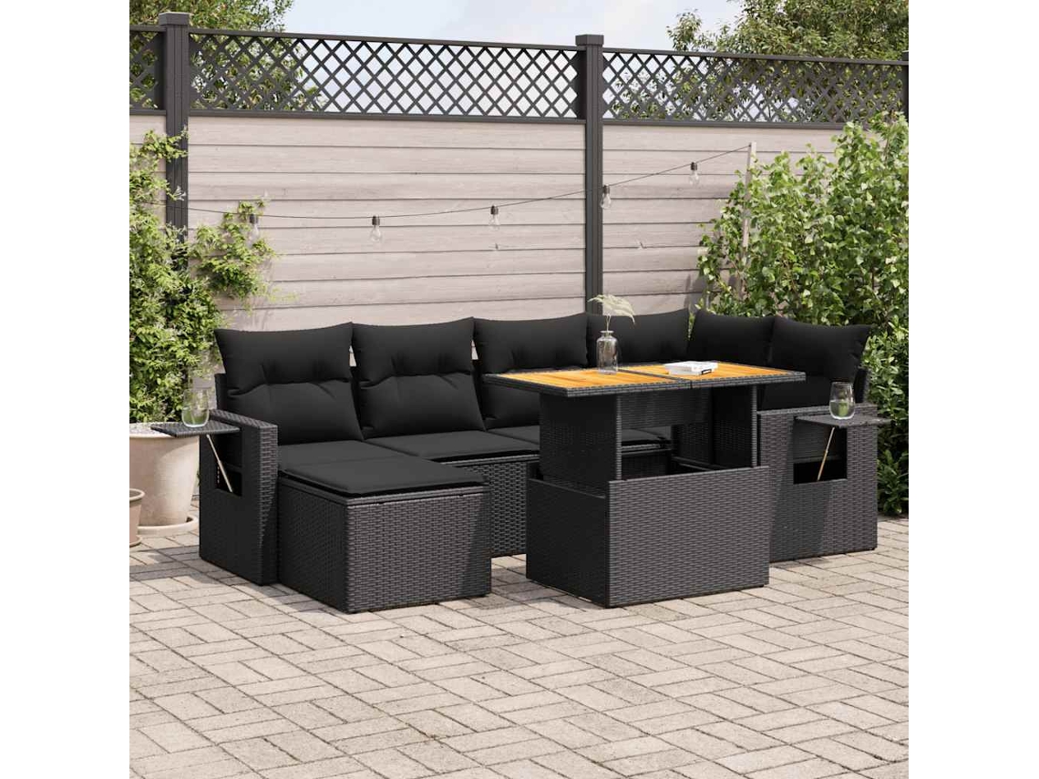 Vidaxl 7 Pcs Conjunto De Sofás P/ Jardim C/ Almofadões Vime Pe Preto