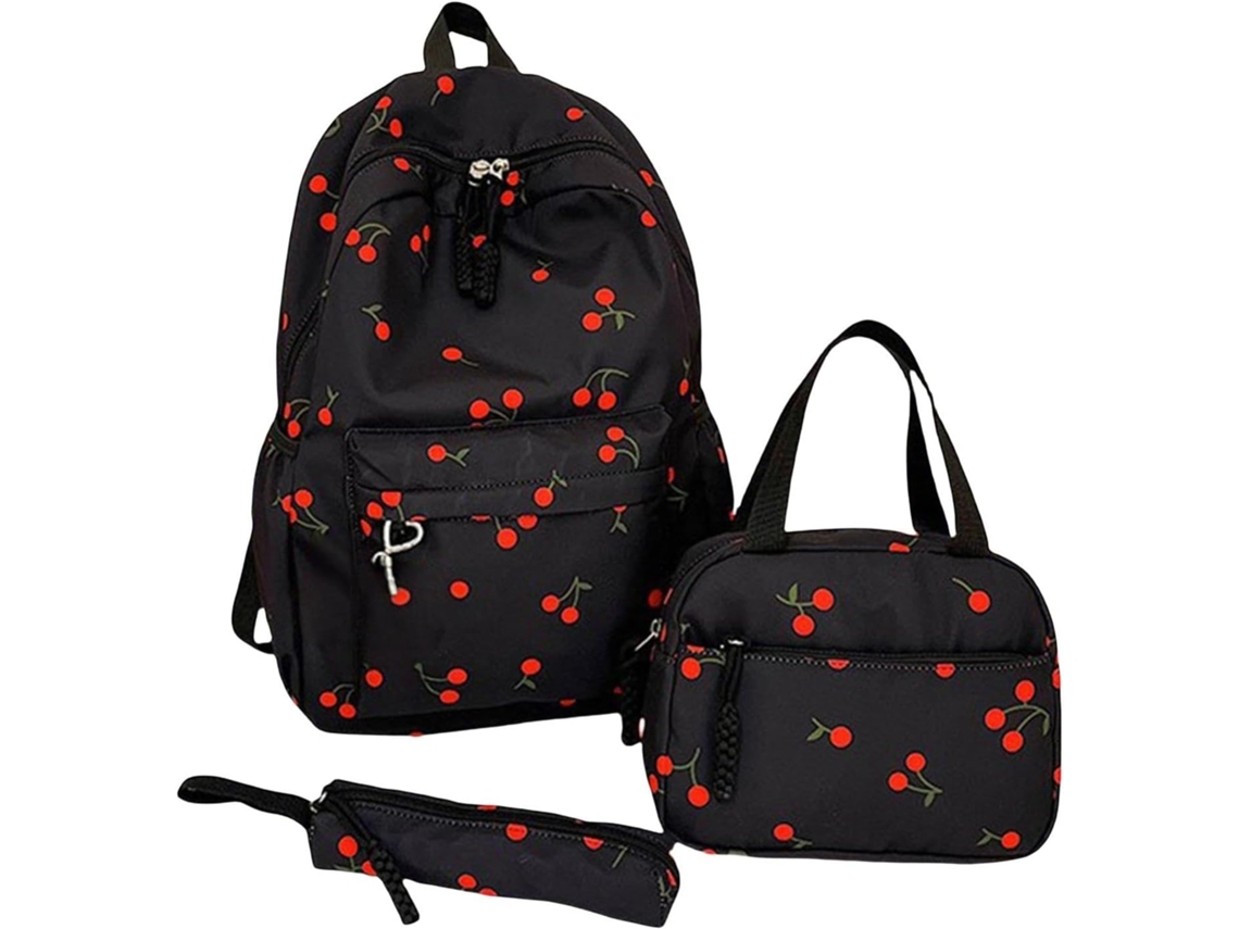 Conjunto Genérico De Mochila Escolar 3 Peças, Feminina Com Lancheira E Estojo, Estampa Cerejas, Para