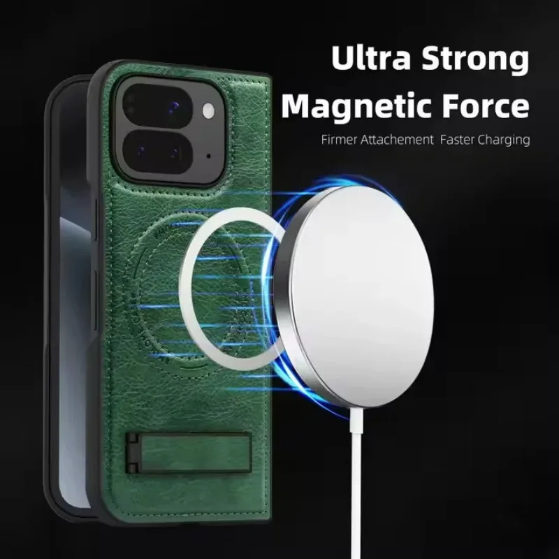 Capa Protetora De Couro Com Suporte Magnético E Carregamento Sem Fio (verde Pixel 9 Pro Fold), Estilo Armor.
