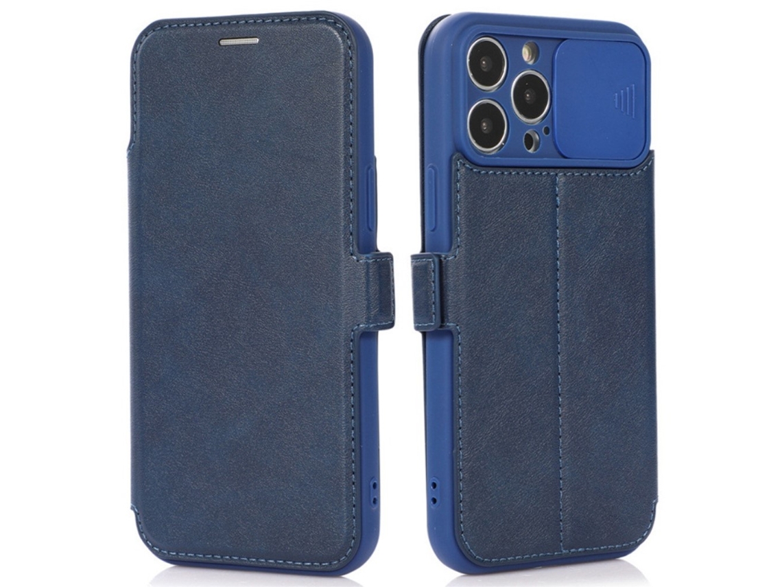 Capa Slide Câmara Para Iphone 14 Pro Max Pele Sintética Anti-choque Magnética Com Porta-cartões Azul